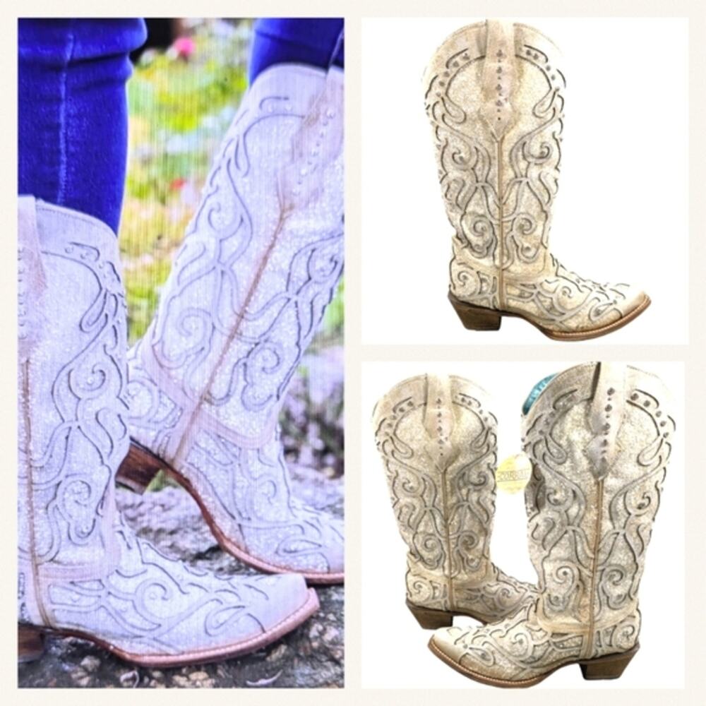Corral Cream Heeled Boots with Swirl Patterns